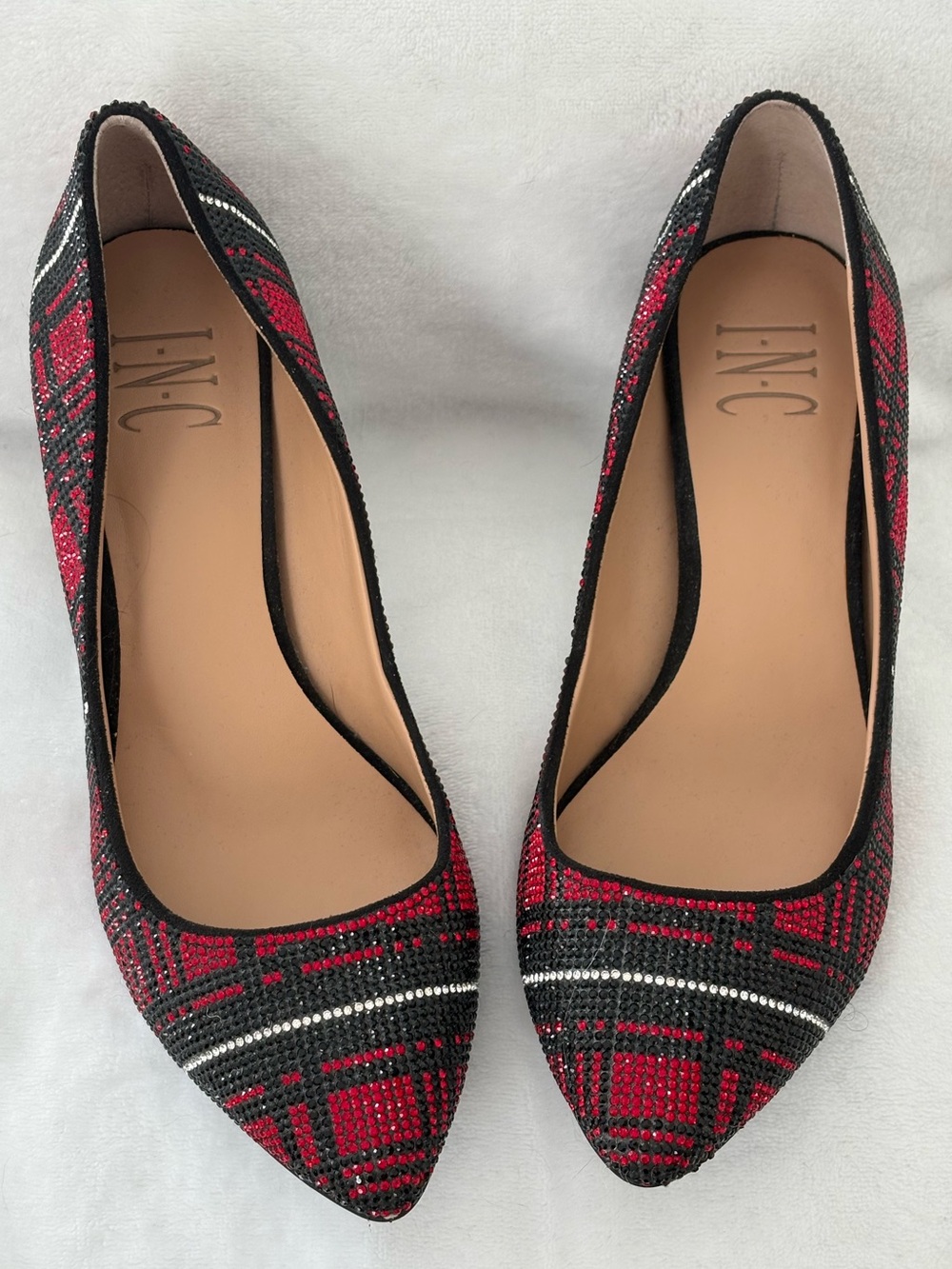 INC International Concepts Red and Black Plaid Pointed Flats with Sparkle